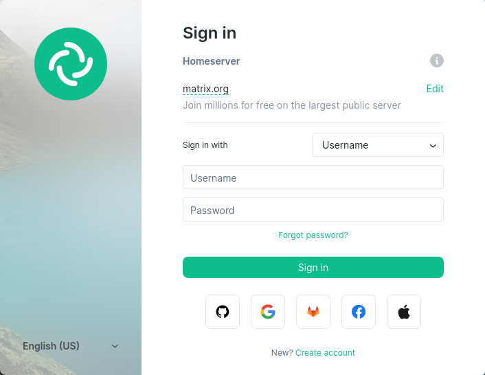 The Element Login Screen to enter credential details